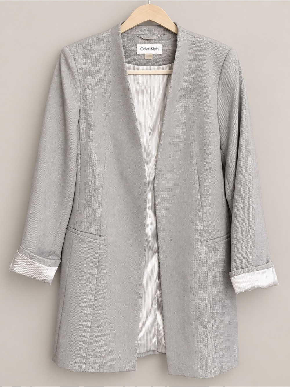 Calvin Klein Gray Longline Open-Front Blazer – Size 12